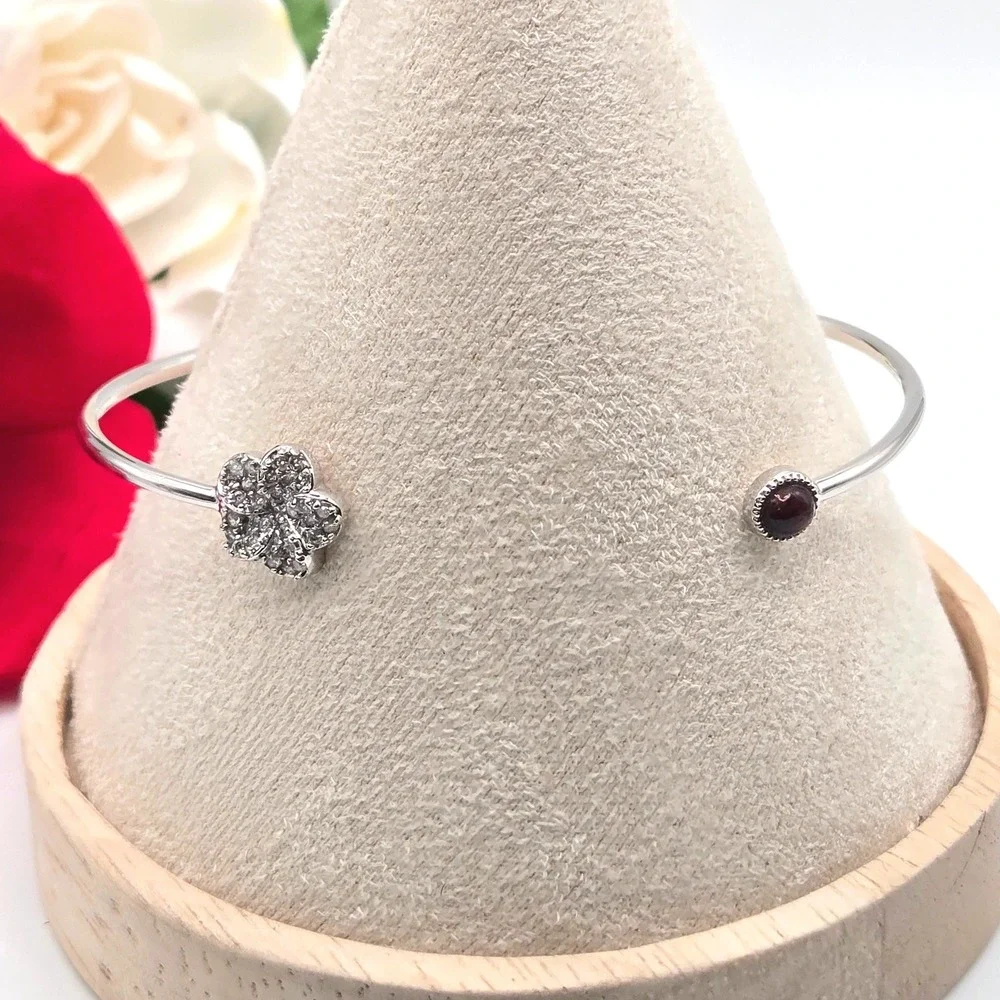Martin & MacArthur Koa Wood Cuff Bracelet Plumeria‎ with CZ Hawaii Rhodium Plate